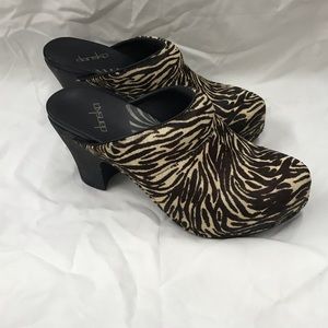Dansko zebra print Rae pony hair mules, size 38.